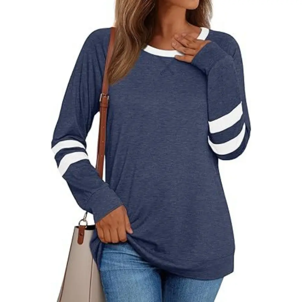 Spring and Autumn New Women's Fashion Color Collision Long-sleeved Casual Loose Round Neck T-shirt Tops Color Blocking