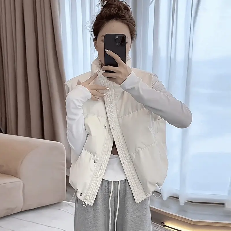 Down Insulated Vest for Women, PU Leather, Short Vests, Middle-aged Women's Clothing, Office, Street Style, New Outerwear, 2024