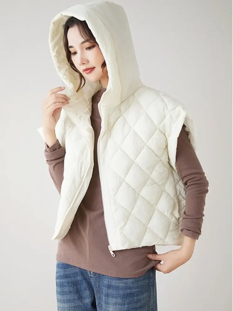 Lightweight Adding Vest Women's Winter Down Jacket with Hood  Casual Sleeveless Cardigans Vintage Hooded Cropped Jackets Vest