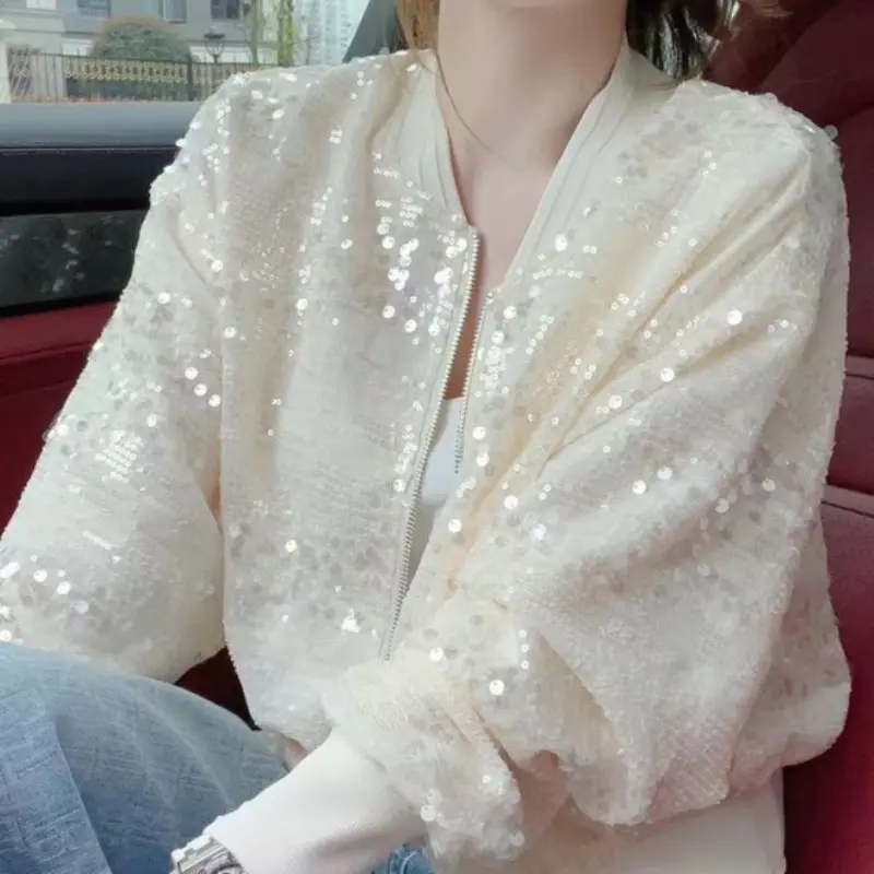 Long Sleeves Sequins Baseball Uniform Coat for Female Thin Vacation Top Korean Popular Clothes Long Sleeves Design Sense, Summer