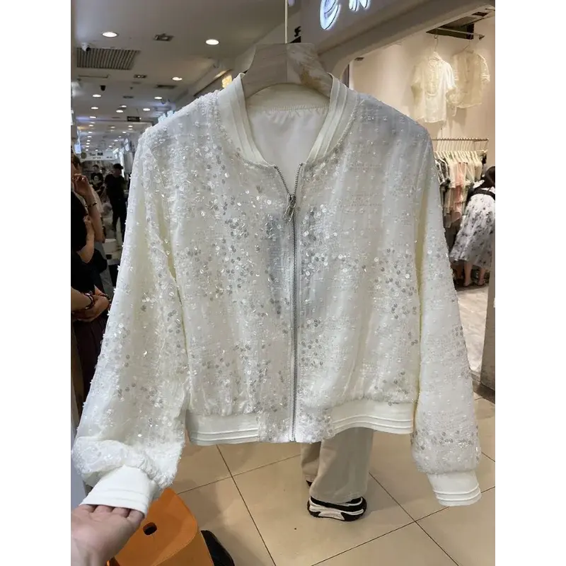 Long Sleeves Sequins Baseball Uniform Coat for Female Thin Vacation Top Korean Popular Clothes Long Sleeves Design Sense, Summer