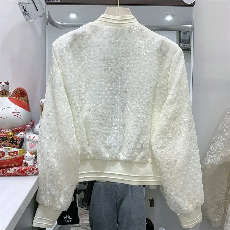 Long Sleeves Sequins Baseball Uniform Coat for Female Thin Vacation Top Korean Popular Clothes Long Sleeves Design Sense, Summer