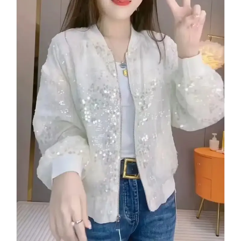 Long Sleeves Sequins Baseball Uniform Coat for Female Thin Vacation Top Korean Popular Clothes Long Sleeves Design Sense, Summer