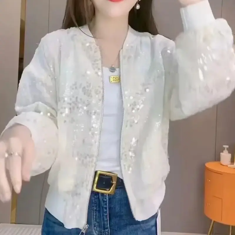 Long Sleeves Sequins Baseball Uniform Coat for Female Thin Vacation Top Korean Popular Clothes Long Sleeves Design Sense, Summer