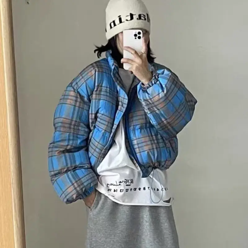 Fashion Plaid Women's Winter Down Jacket Short Small Coats  White Duck Down Padding New Outerwear Korea College Style Jacket