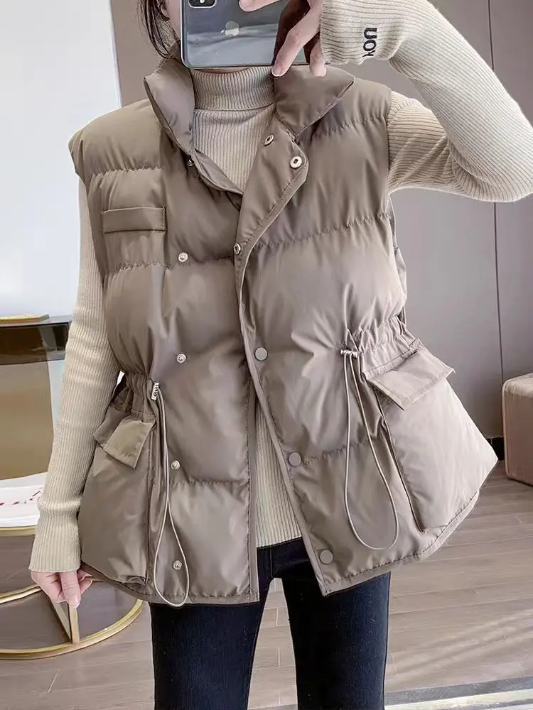 Waistband Drawstring Women's Vest Korean Style Lightweight  Waistcoat Autumn Winter Down Vest Youthful Trend Sleeveless Jacket