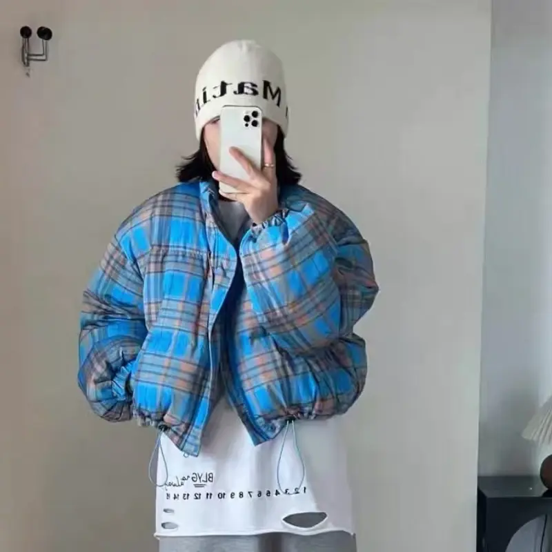 Fashion Plaid Women's Winter Down Jacket Short Small Coats  White Duck Down Padding New Outerwear Korea College Style Jacket