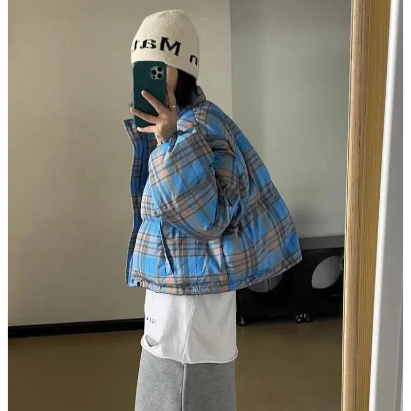 Fashion Plaid Women's Winter Down Jacket Short Small Coats  White Duck Down Padding New Outerwear Korea College Style Jacket