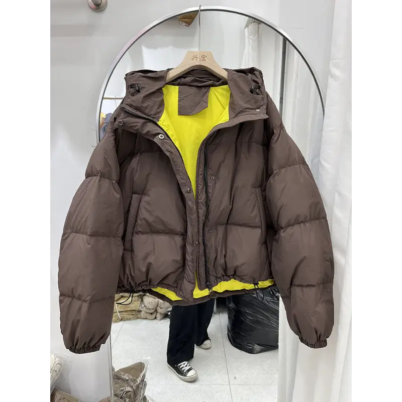 Women's Short Down Coat with Hood, Bomber Jacket, Warm Lightweight Outwear, Long Sleeve, Crop Outerwear, Autumn, Winter