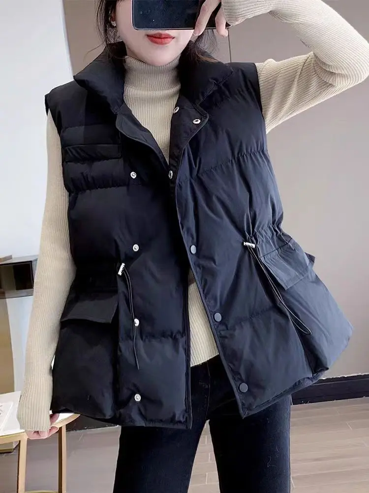 Waistband Drawstring Women's Vest Korean Style Lightweight  Waistcoat Autumn Winter Down Vest Youthful Trend Sleeveless Jacket
