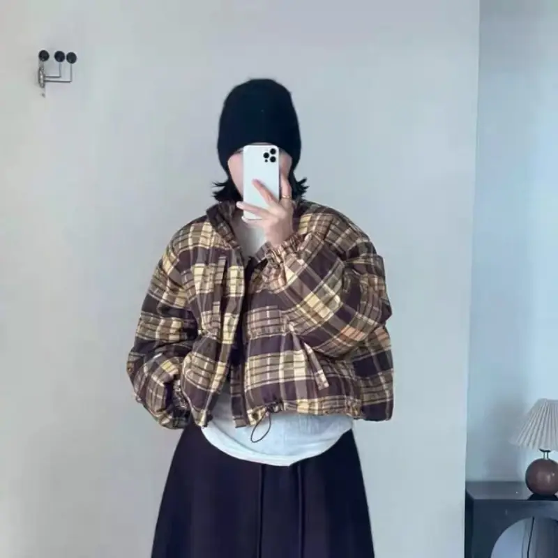 Fashion Plaid Women's Winter Down Jacket Short Small Coats  White Duck Down Padding New Outerwear Korea College Style Jacket