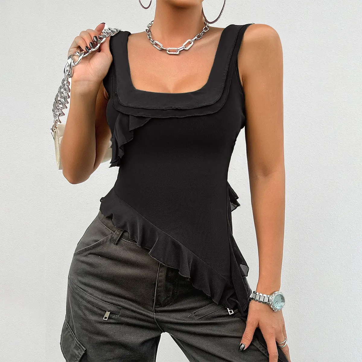 Summer New Fashion Women Irregular Halter Tops Spice Girls U-neck Wooden Ear Side Casual Hundred with Sleeveless Tank Tops