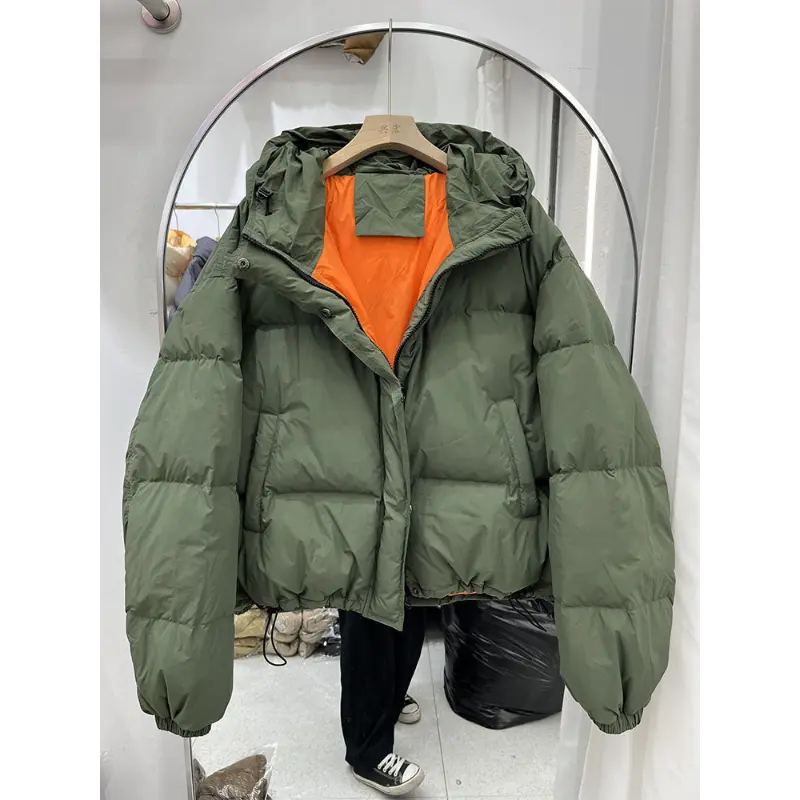 Women's Short Down Coat with Hood, Bomber Jacket, Warm Lightweight Outwear, Long Sleeve, Crop Outerwear, Autumn, Winter