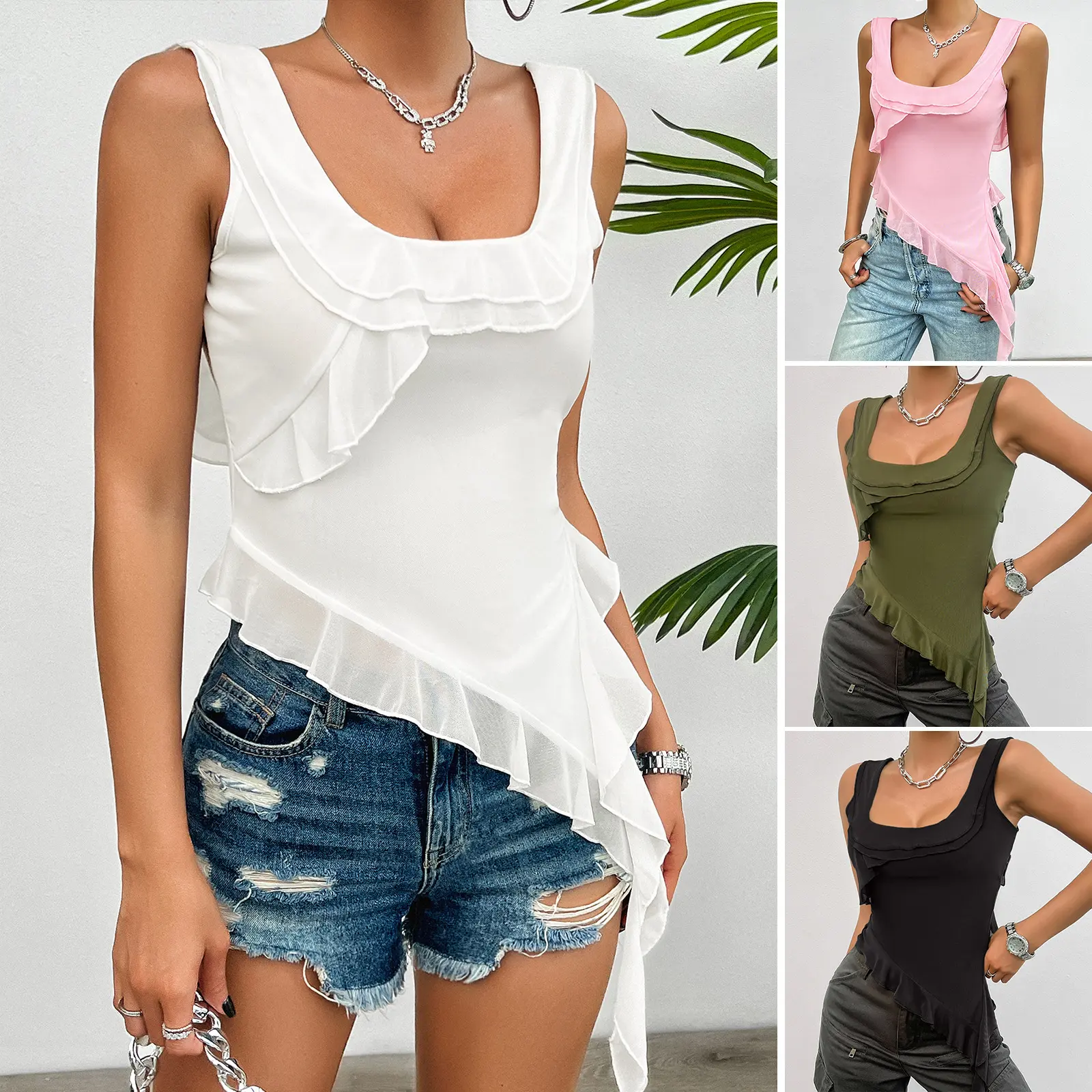 Summer New Fashion Women Irregular Halter Tops Spice Girls U-neck Wooden Ear Side Casual Hundred with Sleeveless Tank Tops
