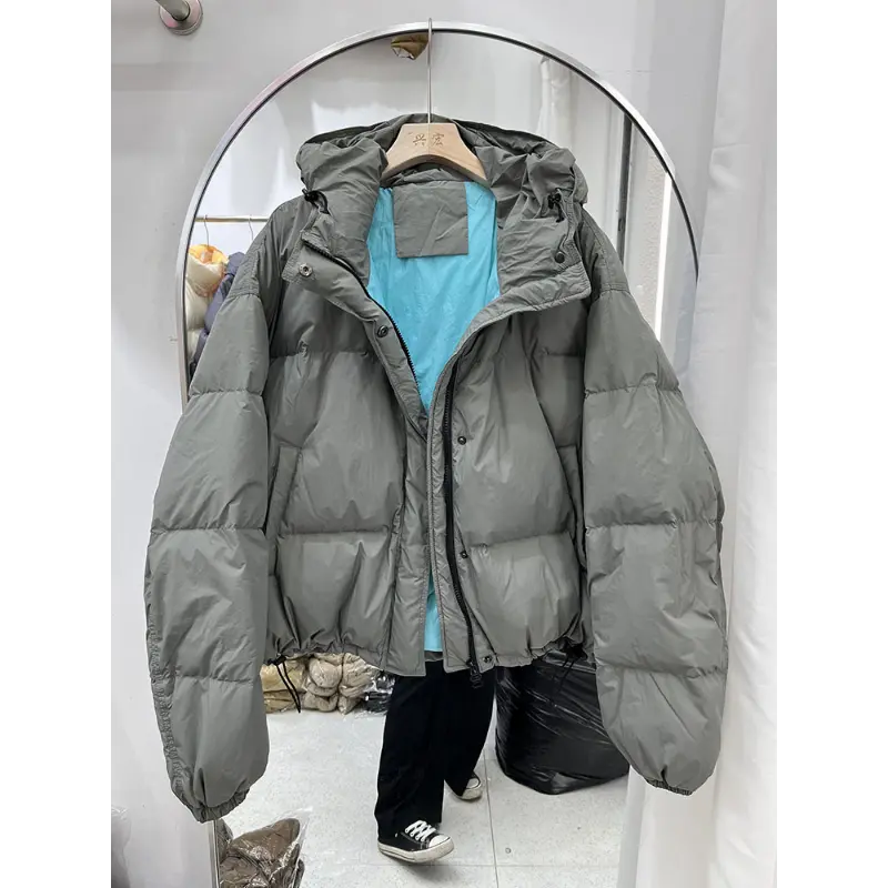 Women's Short Down Coat with Hood, Bomber Jacket, Warm Lightweight Outwear, Long Sleeve, Crop Outerwear, Autumn, Winter
