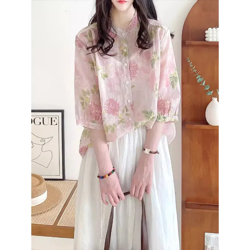 Summer Print Shirt Blouses Women Thin Half Sleeve Button Cardigan Vintage korean style women clothing 2024 Casual Vacation Top