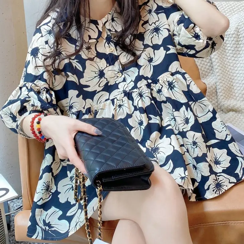Cotton and Linen Short Sleeve Thin Woman Blous Shirt Doll Collar Top 2024 Summer New Loose Fashion Shirt Korean Women's Clothes