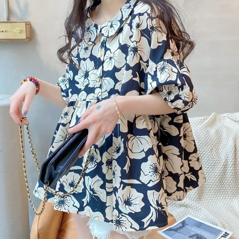 Cotton and Linen Short Sleeve Thin Woman Blous Shirt Doll Collar Top 2024 Summer New Loose Fashion Shirt Korean Women's Clothes