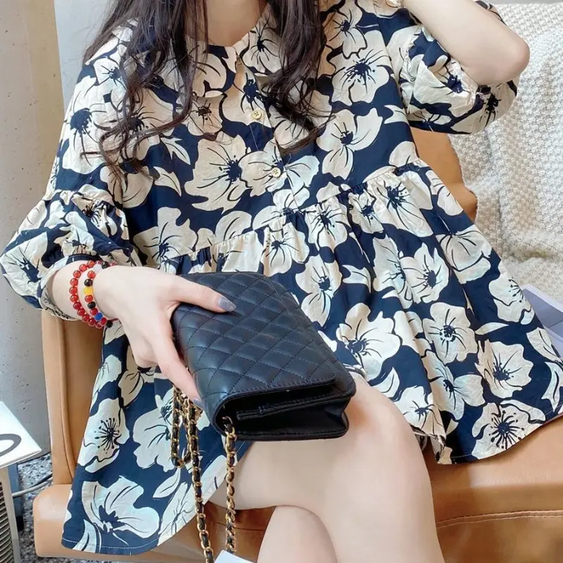 Cotton and Linen Short Sleeve Thin Woman Blous Shirt Doll Collar Top 2024 Summer New Loose Fashion Shirt Korean Women's Clothes