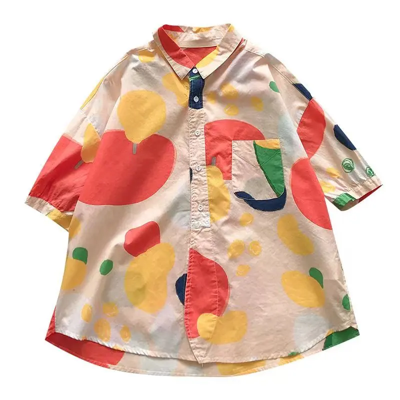 Printed Casual Shirts and Blouses for Women, Korean Stylish Tops, Loose Short-Sleeved Blouse, Literary Clothing, New, Summer