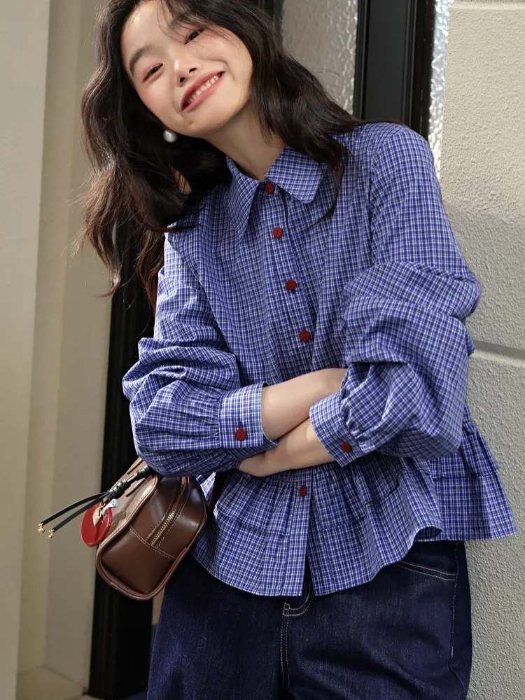 Blue Plaid Ruffled Short Shirts & Blouses 2025 Fashion Women Shirts Long-sleeved Shirt Korean Reviews Many Girls Clothes