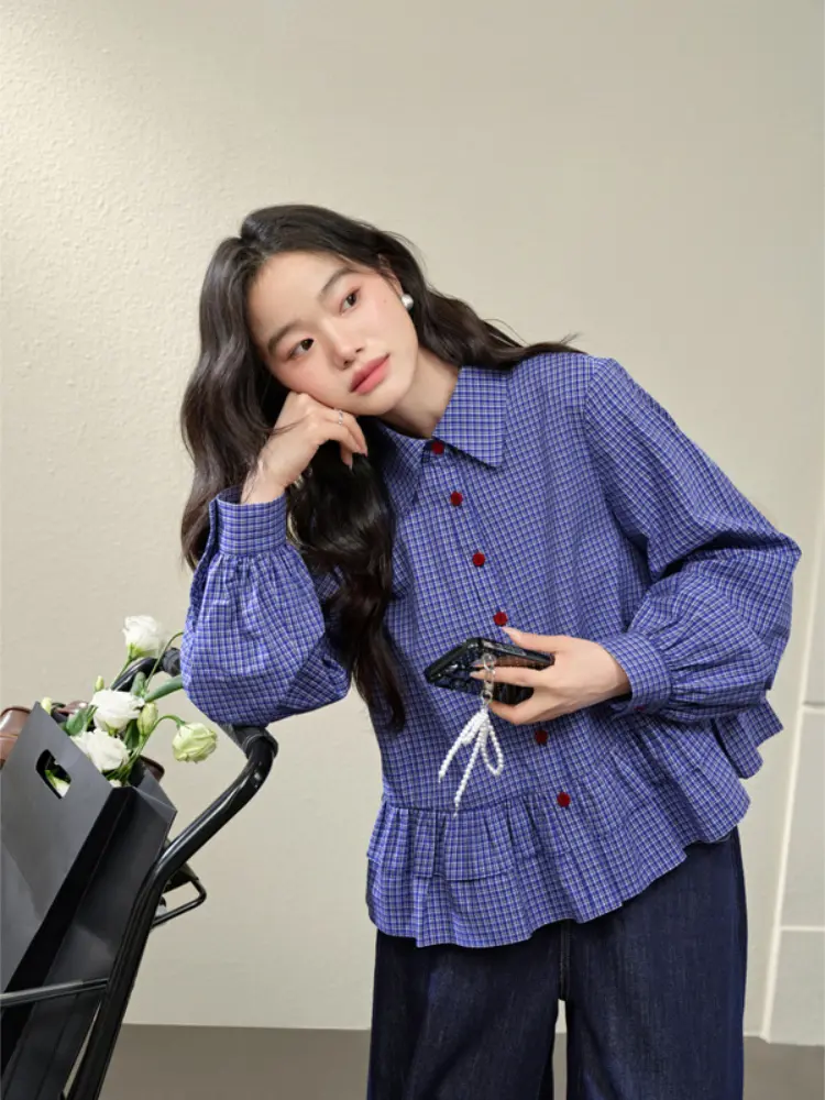 Blue Plaid Ruffled Short Shirts & Blouses 2025 Fashion Women Shirts Long-sleeved Shirt Korean Reviews Many Girls Clothes