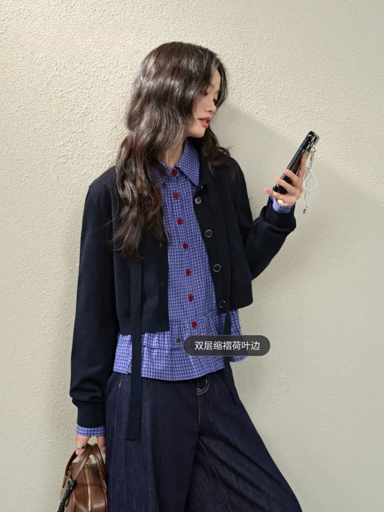 Blue Plaid Ruffled Short Shirts & Blouses 2025 Fashion Women Shirts Long-sleeved Shirt Korean Reviews Many Girls Clothes