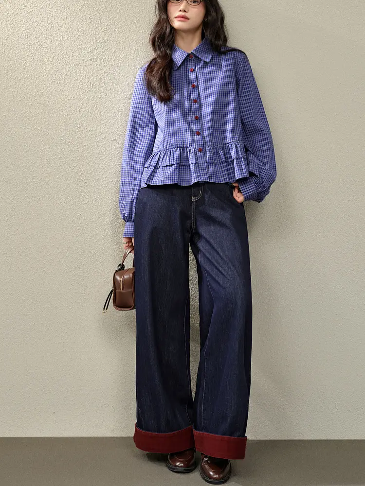 Blue Plaid Ruffled Short Shirts & Blouses 2025 Fashion Women Shirts Long-sleeved Shirt Korean Reviews Many Girls Clothes