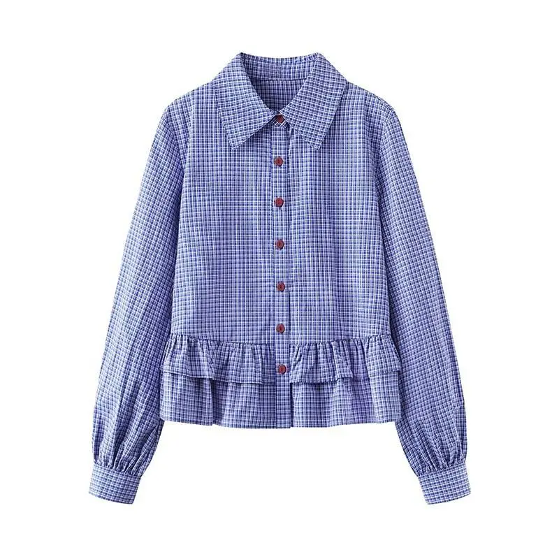 Blue Plaid Ruffled Short Shirts & Blouses 2025 Fashion Women Shirts Long-sleeved Shirt Korean Reviews Many Girls Clothes
