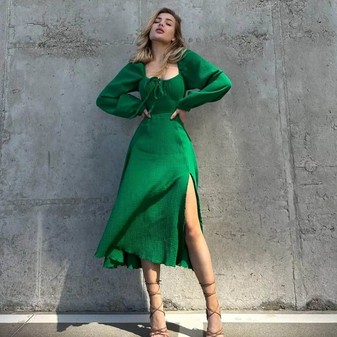 New Fall Women's Clothing Sexy Split Dress Solid Color Cotton Wrinkled Fabric Midi Dresses French Long-sleeved Square Neck Dress