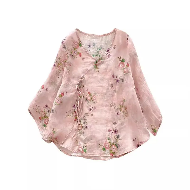 Middle Sleeve Print Shirt for Women, Short Top, Women's Button Design, Chic Shirt Trend, Female Korean Popular Clothes
