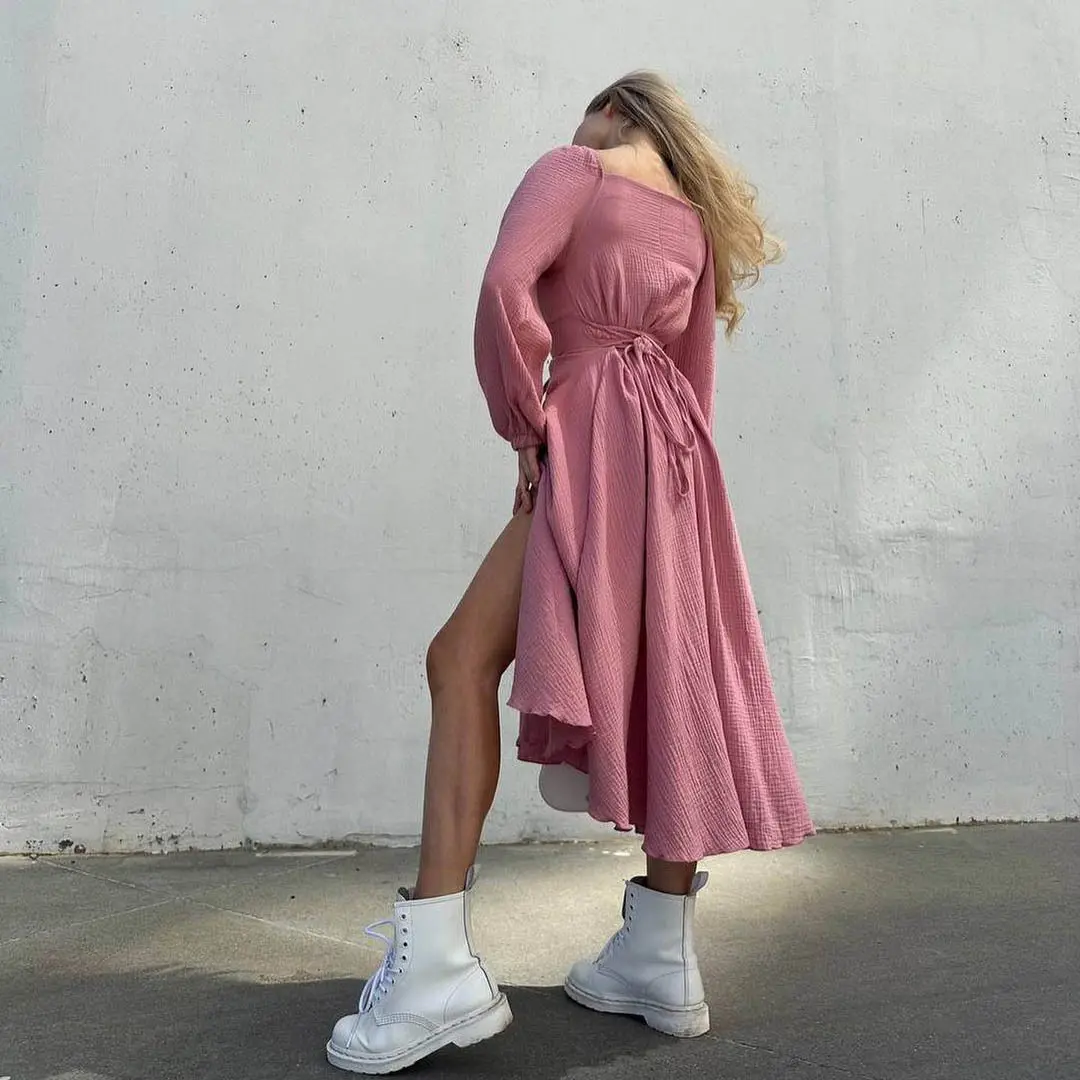 New Fall Women's Clothing Sexy Split Dress Solid Color Cotton Wrinkled Fabric Midi Dresses French Long-sleeved Square Neck Dress