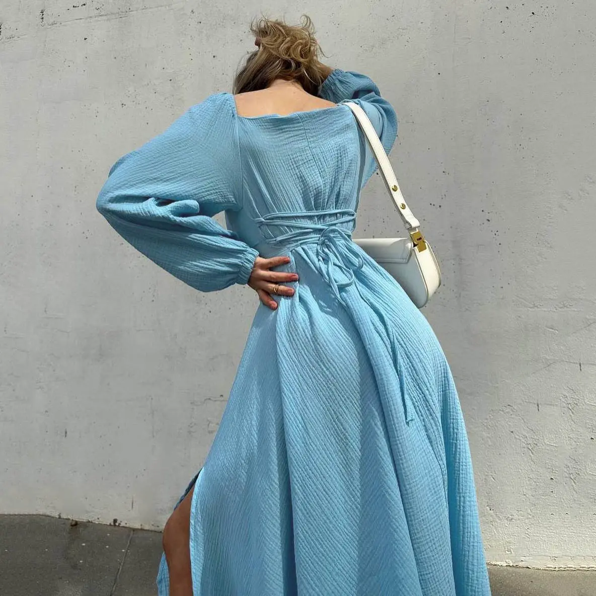 New Fall Women's Clothing Sexy Split Dress Solid Color Cotton Wrinkled Fabric Midi Dresses French Long-sleeved Square Neck Dress