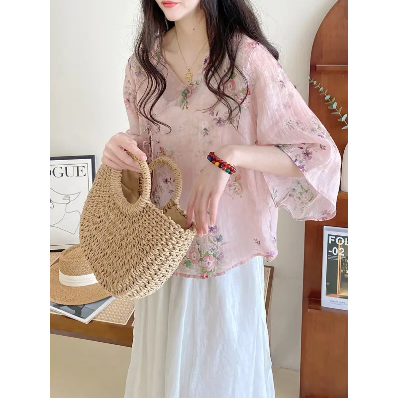 Middle Sleeve Print Shirt for Women, Short Top, Women's Button Design, Chic Shirt Trend, Female Korean Popular Clothes