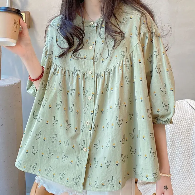 Summer New Women's Loose Sweet Seven-minute Sleeve Shirt Sweet Wooden Ear Edge Lantern Sleeve Cartoon Printing Doll Shirt Tops