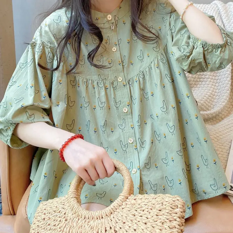 Summer New Women's Loose Sweet Seven-minute Sleeve Shirt Sweet Wooden Ear Edge Lantern Sleeve Cartoon Printing Doll Shirt Tops