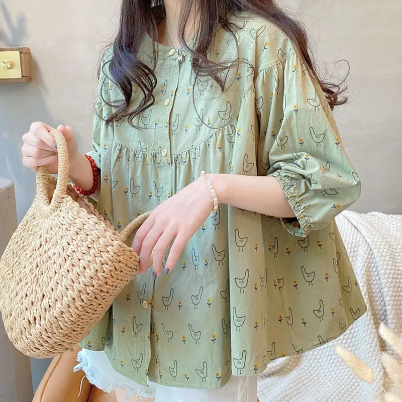 Summer New Women's Loose Sweet Seven-minute Sleeve Shirt Sweet Wooden Ear Edge Lantern Sleeve Cartoon Printing Doll Shirt Tops