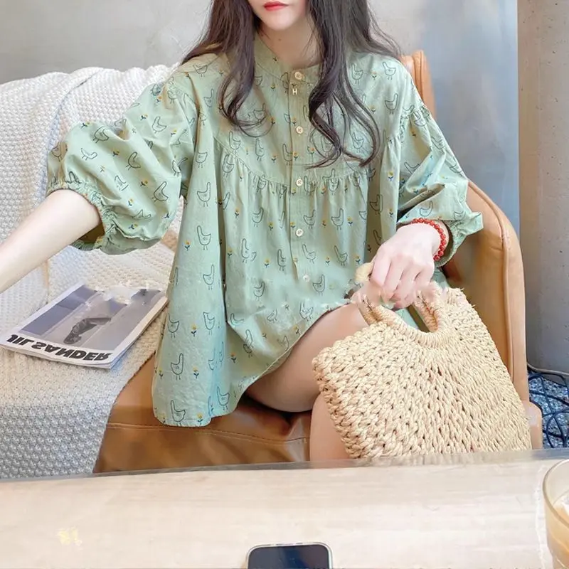 Summer New Women's Loose Sweet Seven-minute Sleeve Shirt Sweet Wooden Ear Edge Lantern Sleeve Cartoon Printing Doll Shirt Tops