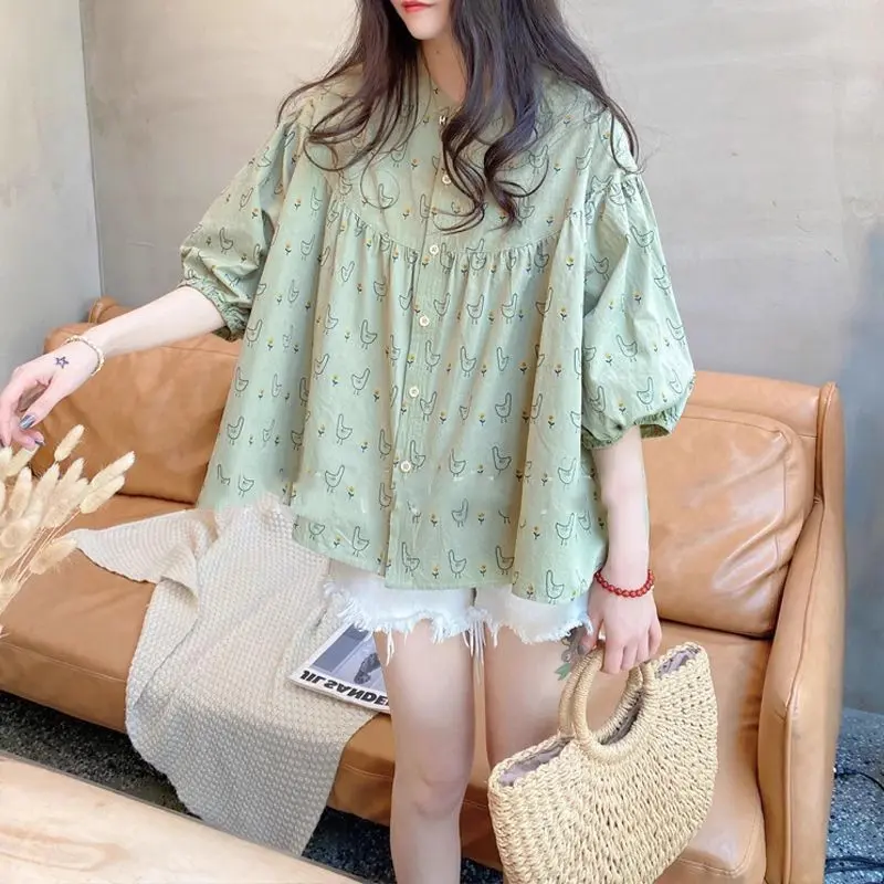 Summer New Women's Loose Sweet Seven-minute Sleeve Shirt Sweet Wooden Ear Edge Lantern Sleeve Cartoon Printing Doll Shirt Tops