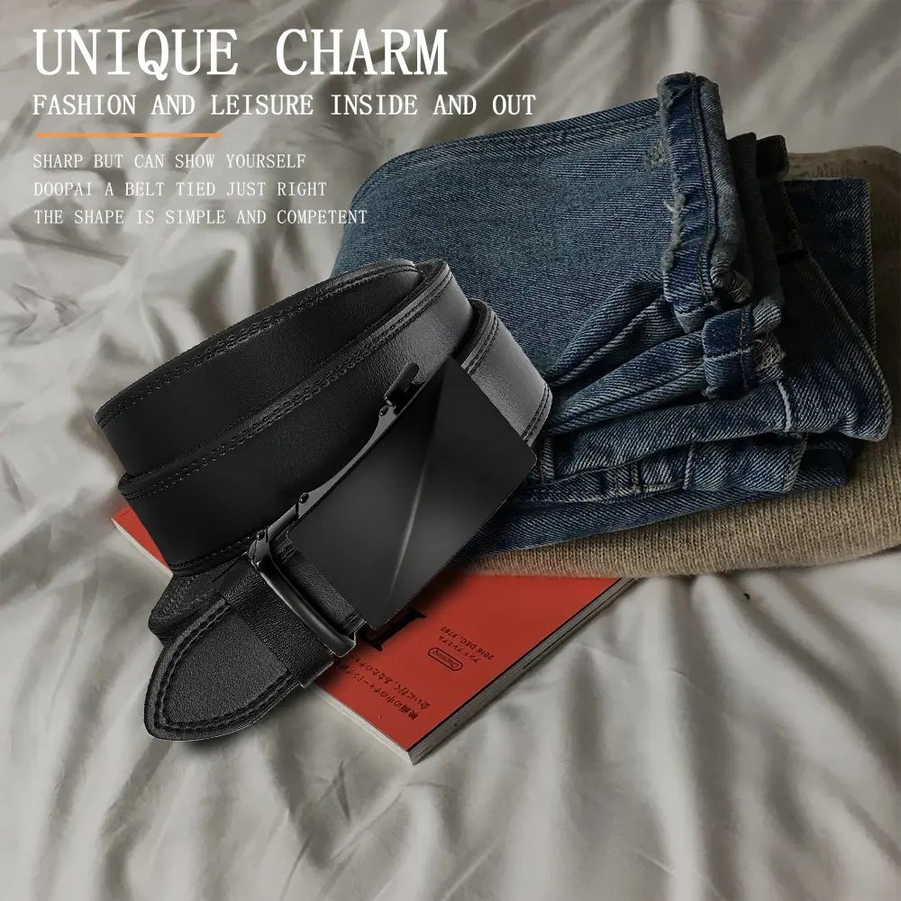 DOOPAI Men's Belt Blue Striped Fashion Jeans Belt Genuine Leather Belt Automatic Buckle Belts 115cm 125cm 135cm