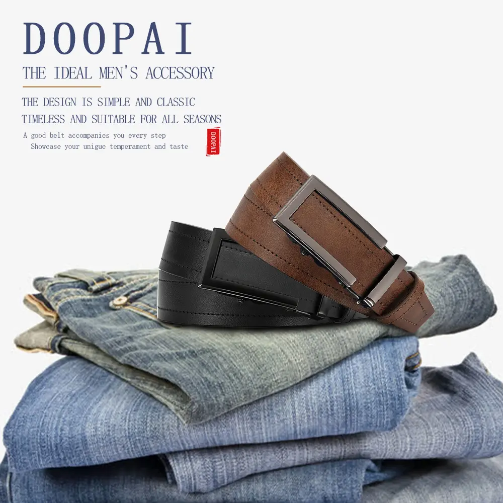DOOPAI New Hollow Automatic Mens Black Belt Genuine Leather Luxury Belt For Men Belt Male Strap Male Metal Automatic Buckle 2PCS