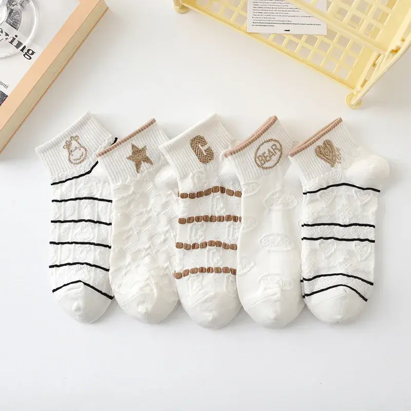 5Pairs Cute Socks For Women Spring Summer Ultra Thin Mesh Breathable Low Cut Socks White Cartoon Short Socks y2k Kawaii Socks