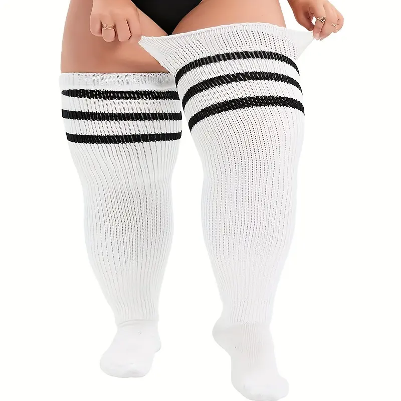 Plus Size Women's Thigh High Socks Long Striped Leg Warmer Boot Stockings Thick Soft Elastic Over Knee Socks for Fall Winter