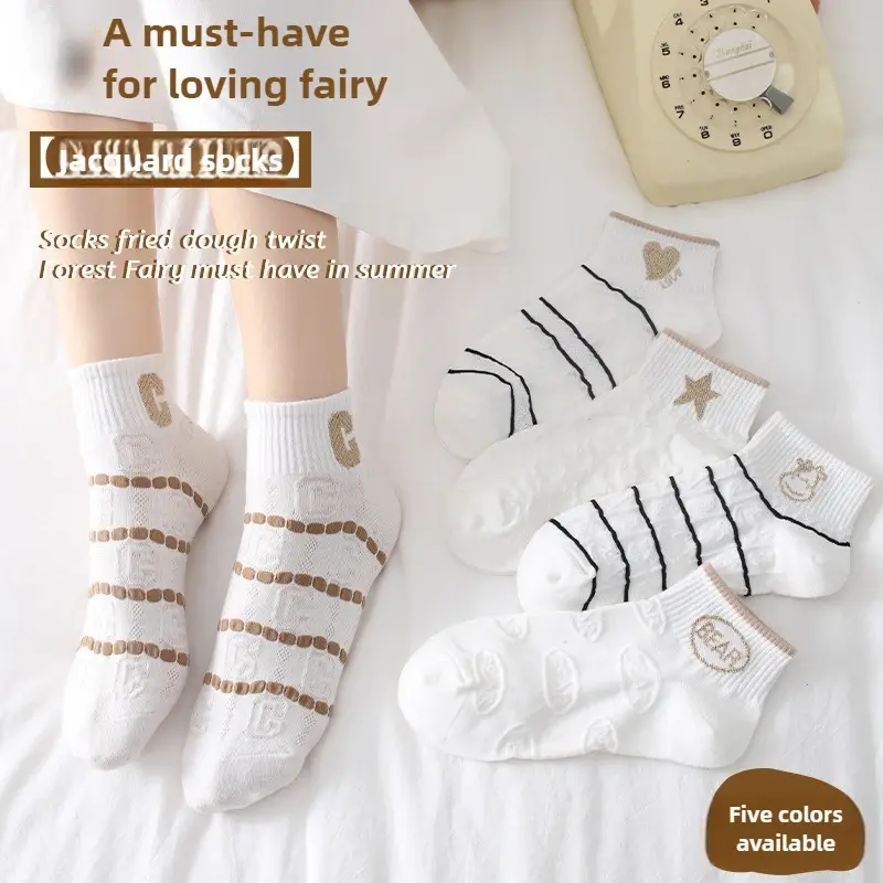 5Pairs Cute Socks For Women Spring Summer Ultra Thin Mesh Breathable Low Cut Socks White Cartoon Short Socks y2k Kawaii Socks