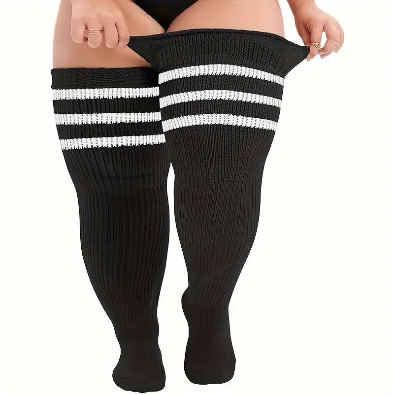 Plus Size Women's Thigh High Socks Long Striped Leg Warmer Boot Stockings Thick Soft Elastic Over Knee Socks for Fall Winter