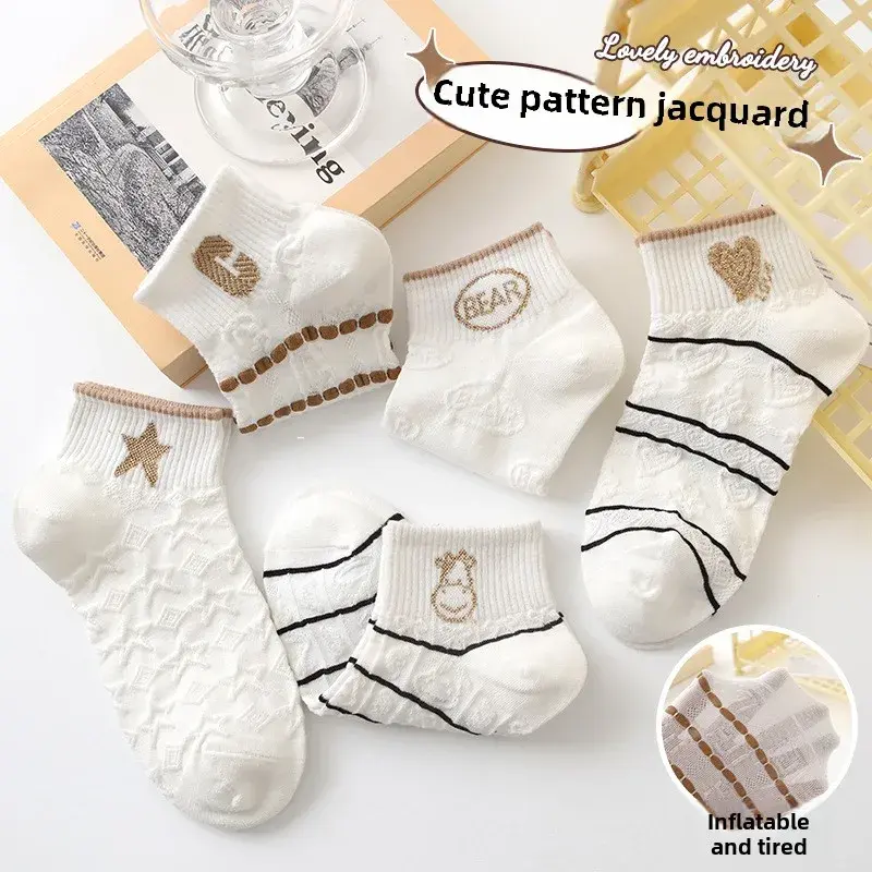 5Pairs Cute Socks For Women Spring Summer Ultra Thin Mesh Breathable Low Cut Socks White Cartoon Short Socks y2k Kawaii Socks