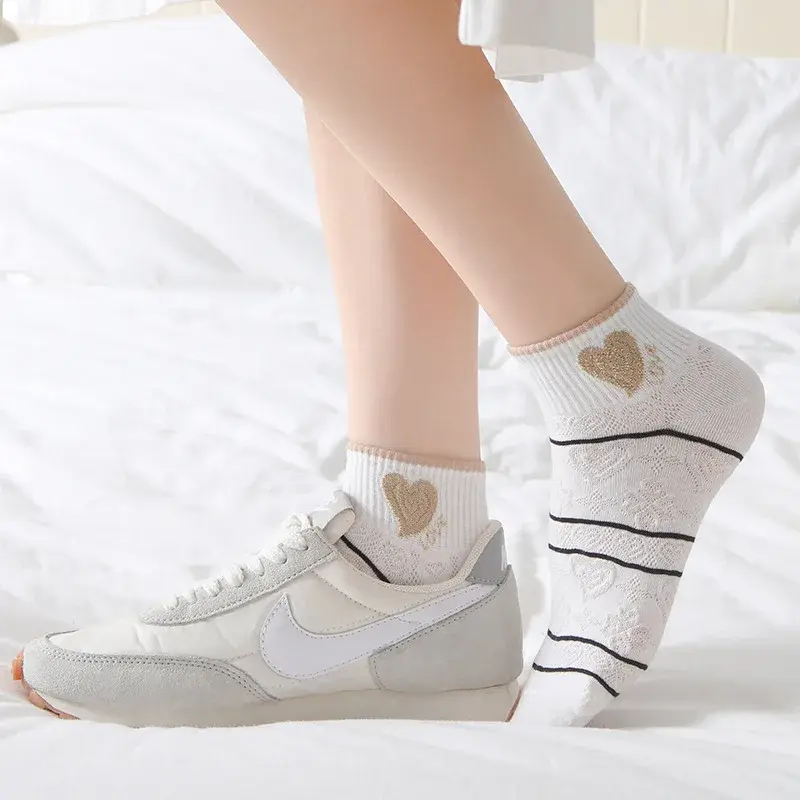 5Pairs Cute Socks For Women Spring Summer Ultra Thin Mesh Breathable Low Cut Socks White Cartoon Short Socks y2k Kawaii Socks