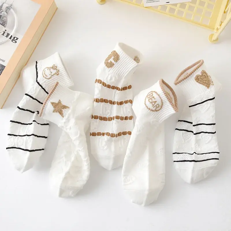 5Pairs Cute Socks For Women Spring Summer Ultra Thin Mesh Breathable Low Cut Socks White Cartoon Short Socks y2k Kawaii Socks