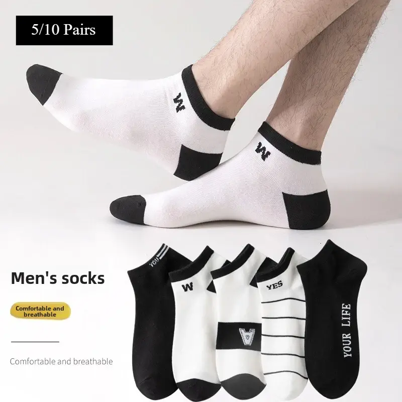 5/10Pairs Spring Summer Men Short Socks Fashion Black White Letters Design Socks Ultra Thin Mesh Breathable Women Ankle Socks