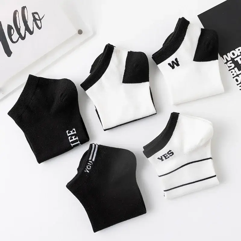 5/10Pairs Spring Summer Men Short Socks Fashion Black White Letters Design Socks Ultra Thin Mesh Breathable Women Ankle Socks
